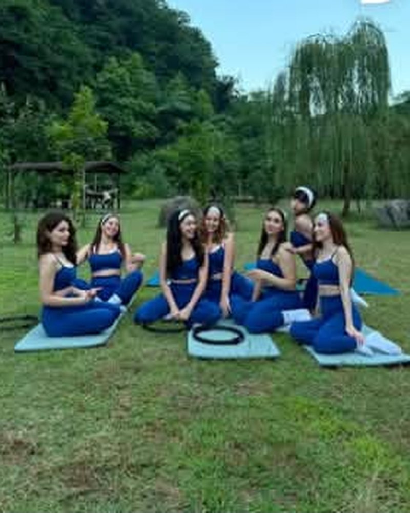 Doğada çimenlerin üstünde grup mat pilates